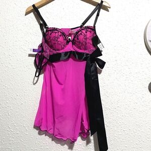 Just Sexy women M Pink Lace Trim Padded Cup BabyDoll Lingerie Set With G Stringl